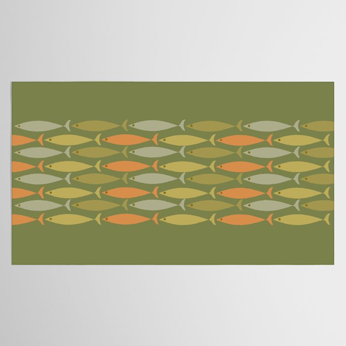 Fish Stripe 8 Mid Century Modern Minimalist Olive Green, Celadon, and Orange Tablecloth Gallery Image 2