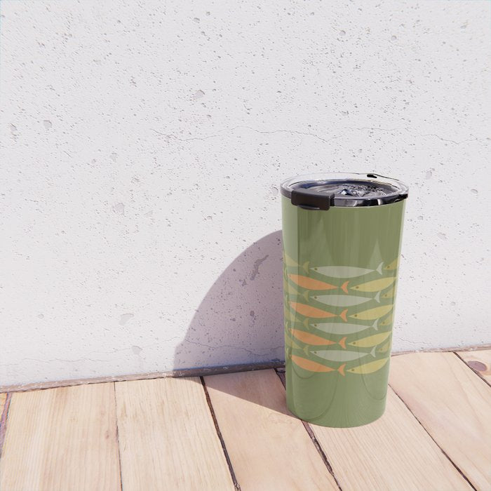 Fish Stripe 8 Mid Century Modern Minimalist Olive Green, Celadon, and Orange Travel Mug Gallery Image 4
