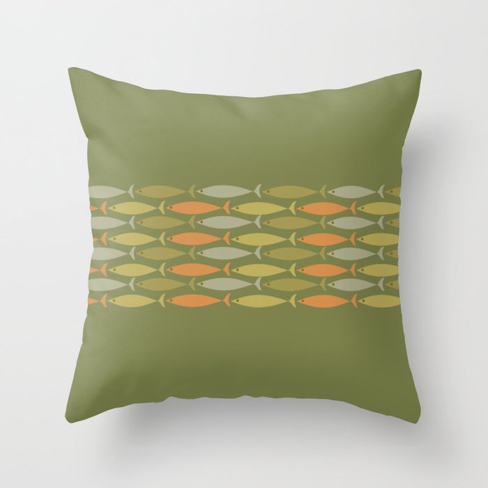 Fish Stripe 8 Mid Century Modern Minimalist Olive Green, Celadon, and Orange Throw Pillow Gallery Image 6
