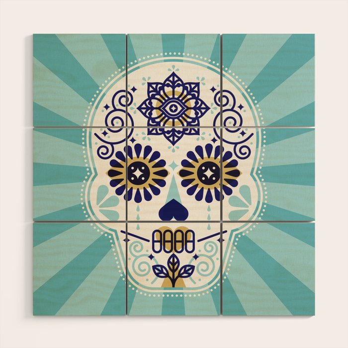DÃ­a de Muertos â¢ Mexican Sugar Skull - Baby Blue Palette Wood Wall Art Gallery Image 1