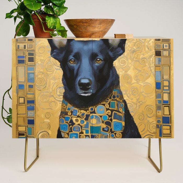 Handsome Black Klimt Dog With Scarf Credenza