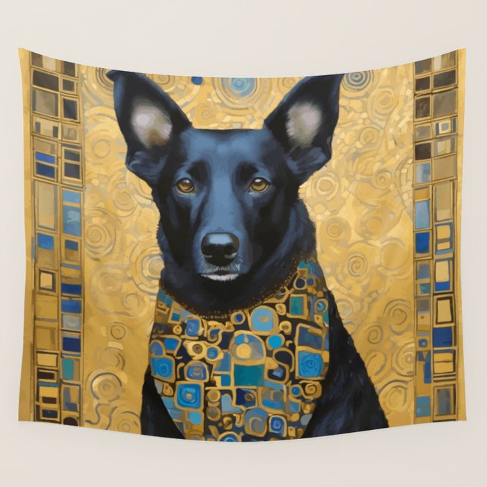 Handsome Black Klimt Dog with Scarf Wall Tapestry Gallery Image 1
