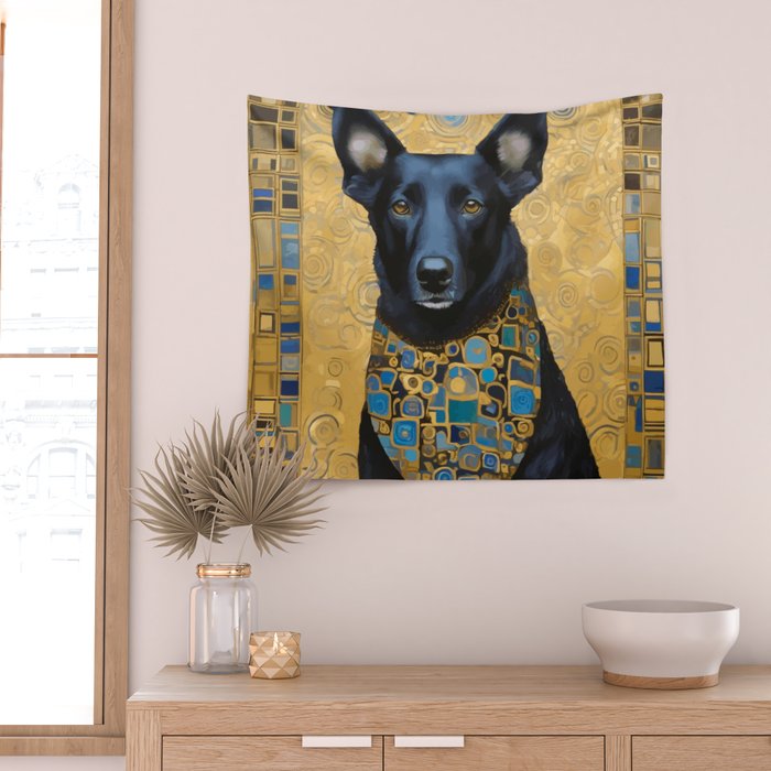 Handsome Black Klimt Dog with Scarf Wall Tapestry Gallery Image 2