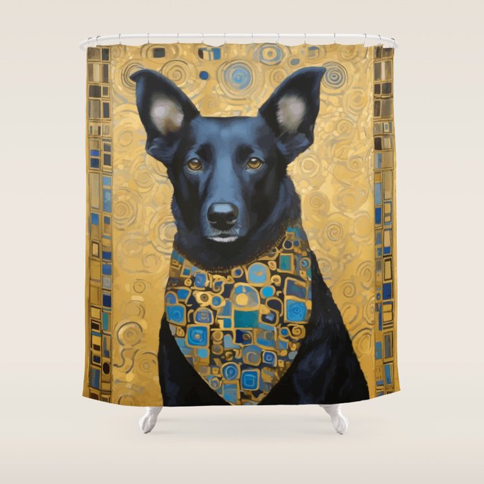 Handsome Black Klimt Dog with Scarf Shower Curtain Gallery Image 1