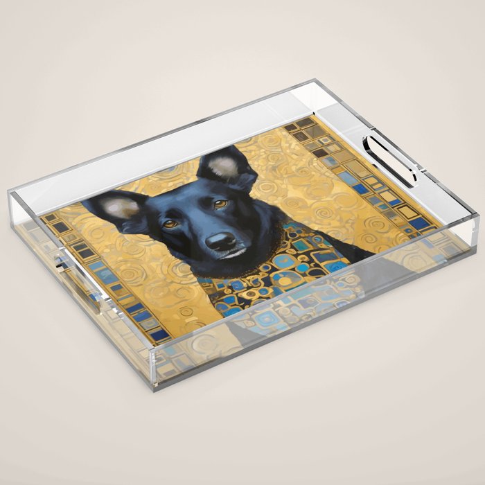 Handsome Black Klimt Dog with Scarf Acrylic Tray Gallery Image 1