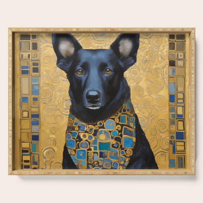 Handsome Black Klimt Dog With Scarf Serving Tray