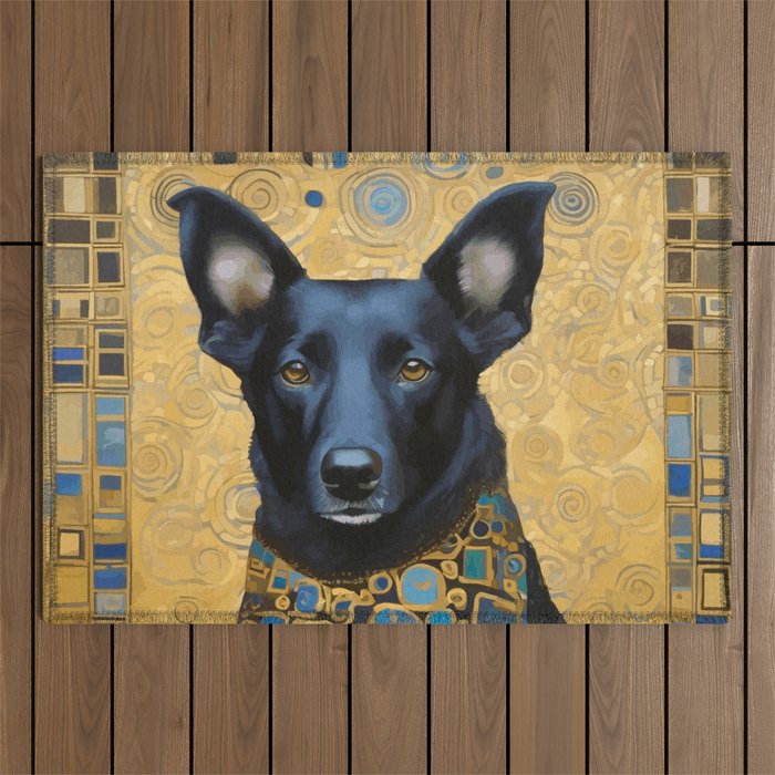 Handsome Black Klimt Dog with Scarf Outdoor Rug Gallery Image 1