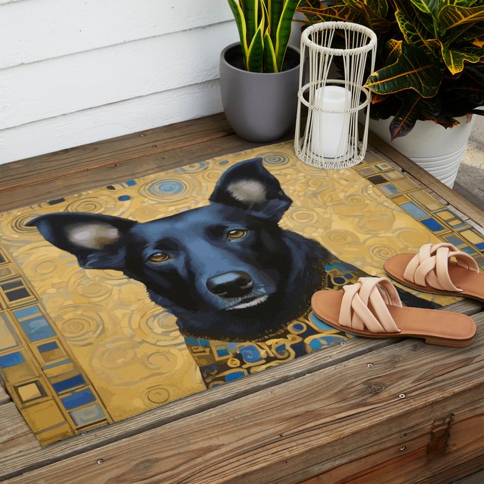 Handsome Black Klimt Dog with Scarf Outdoor Rug Gallery Image 2