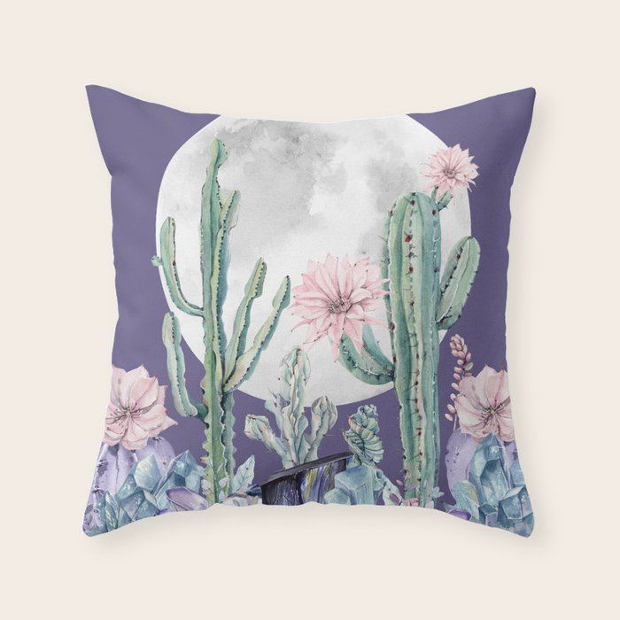 Desert Cactus Full Moon Succulent Garden on Purple Throw Pillow Gallery Image 6