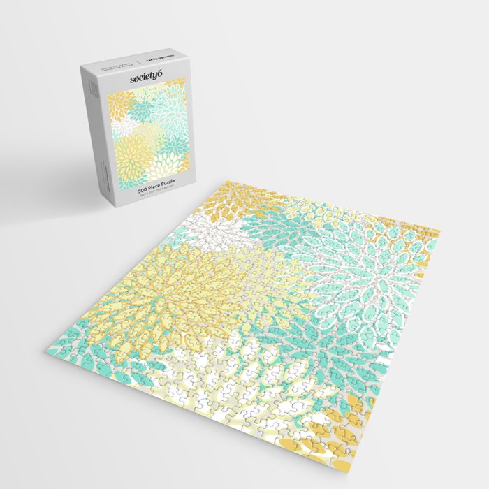 Floral Prints, Mint Green and Yellow, Modern Print Art Jigsaw Puzzle Gallery Image 2