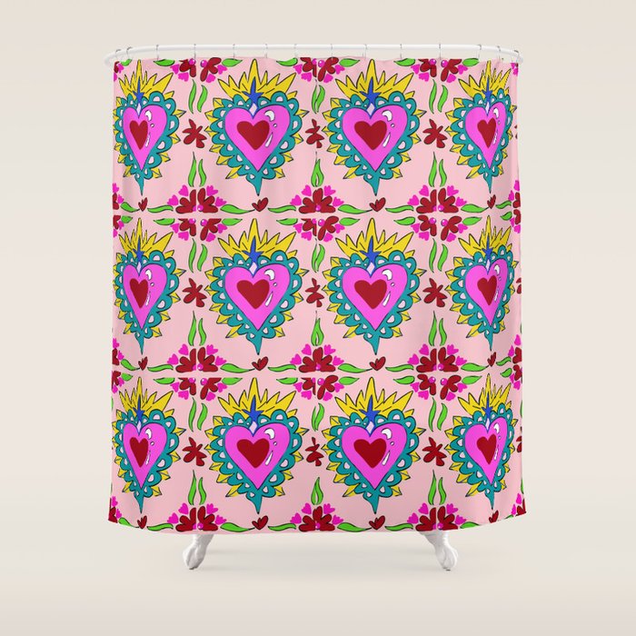 Hot Pink Sacred Hearts Shower Curtain Gallery Image 1