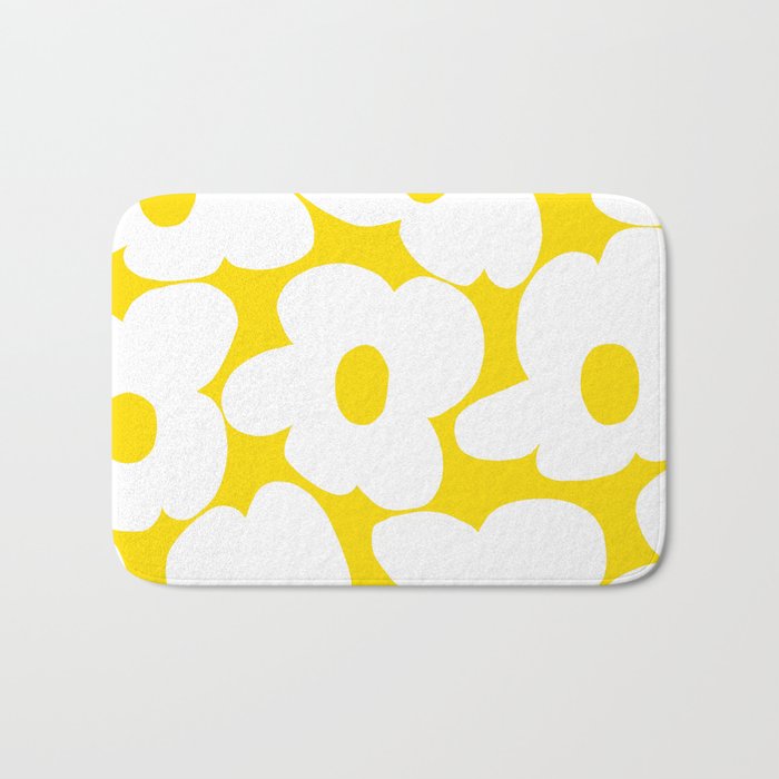 Large White Retro Flowers Sunny Yellow Background #decor #society6 #buyart Bath Mat Gallery Image 1