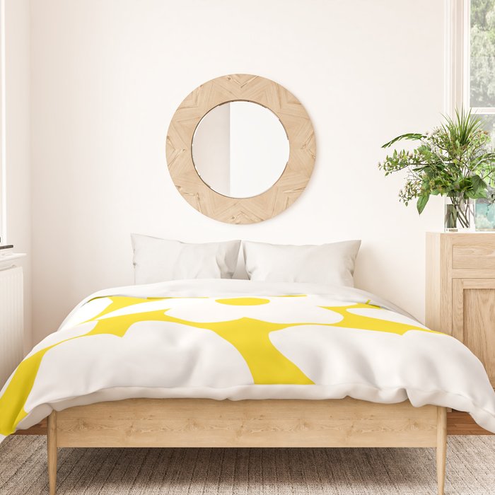 Large White Retro Flowers Sunny Yellow Background #decor #society6 #buyart Duvet Cover Gallery Image 3
