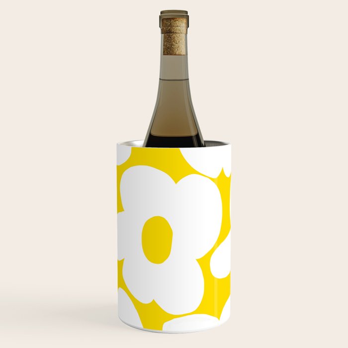 Large White Retro Flowers Sunny Yellow Background #decor #society6 #buyart Wine Chiller Gallery Image 1