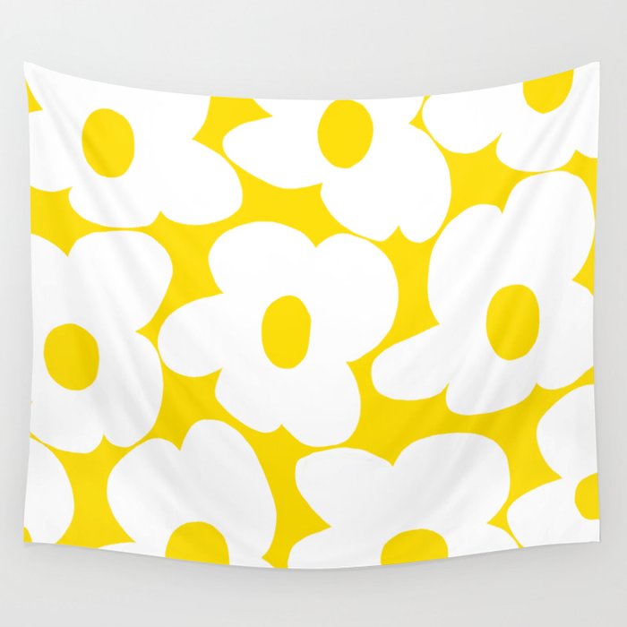 Large White Retro Flowers Sunny Yellow Background #decor #society6 #buyart Wall Tapestry Gallery Image 1