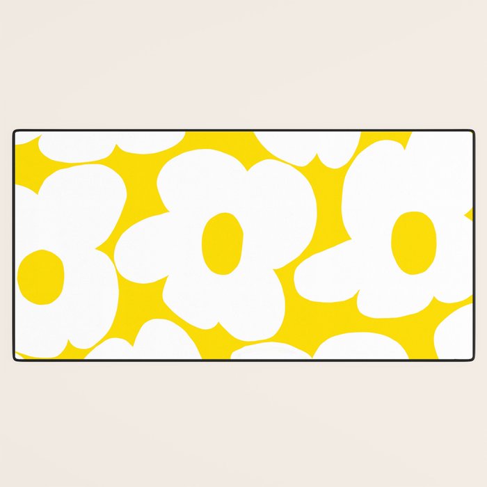 Large White Retro Flowers Sunny Yellow Background #decor #society6 #buyart Desk Mat Gallery Image 3