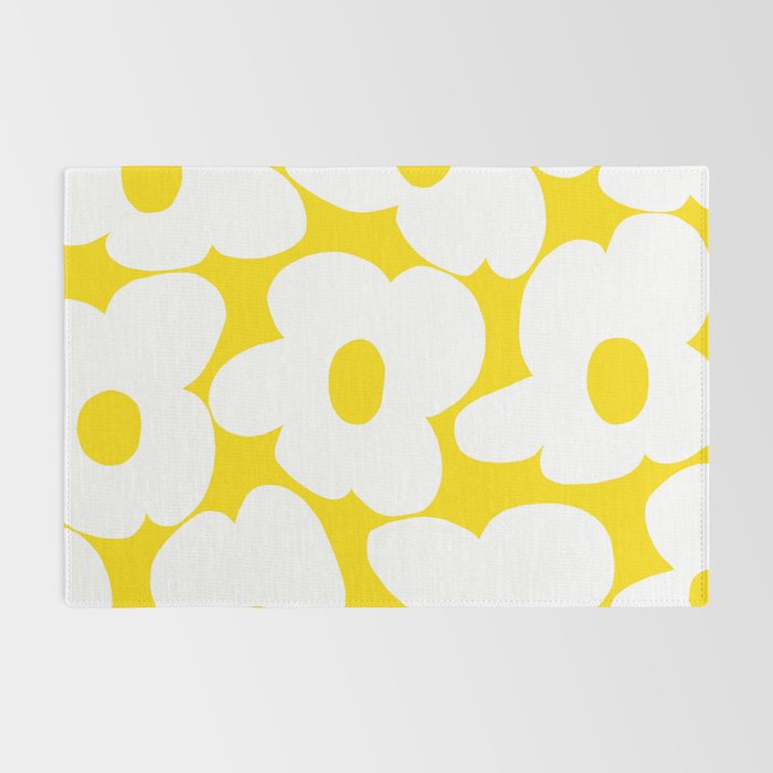 Large White Retro Flowers Sunny Yellow Background #decor #society6 #buyart Rug Gallery Image 2