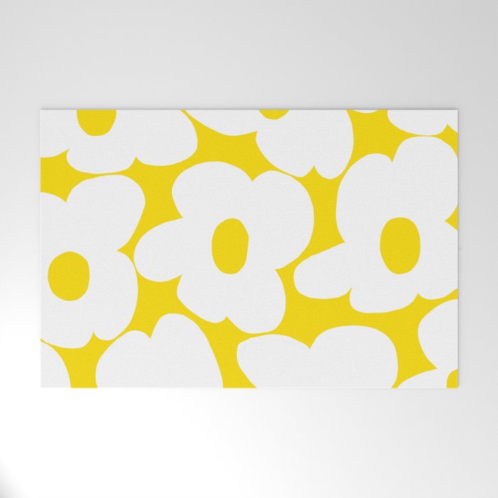 Large White Retro Flowers Sunny Yellow Background #decor #society6 #buyart Welcome Mat Gallery Image 1