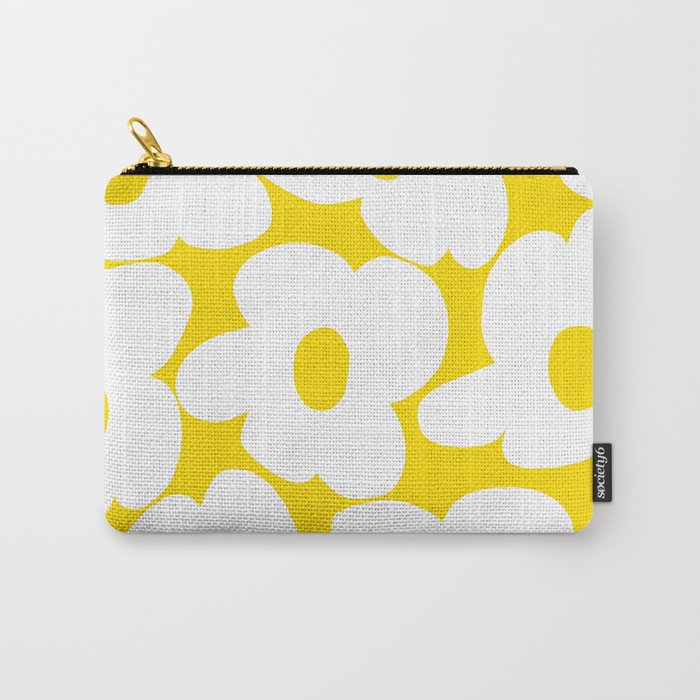 Large White Retro Flowers Sunny Yellow Background #decor #society6 #buyart Carry All Pouch Gallery Image 1