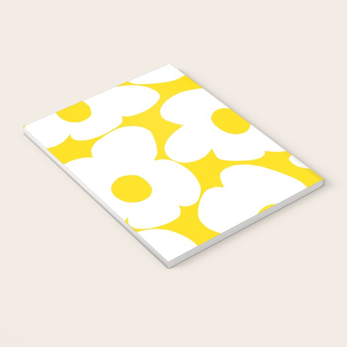 Large White Retro Flowers Sunny Yellow Background #decor #society6 #buyart Notebook Gallery Image 3
