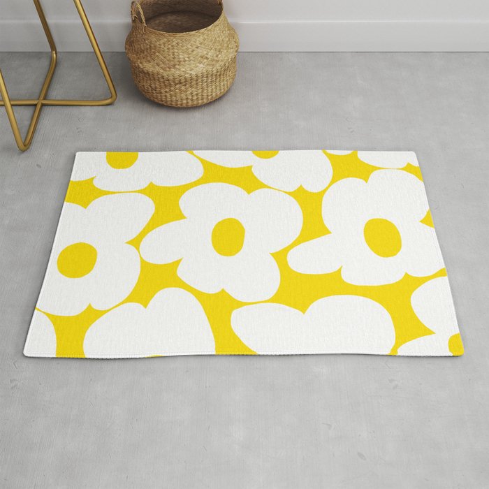 Large White Retro Flowers Sunny Yellow Background #decor #society6 #buyart Rug Gallery Image 1