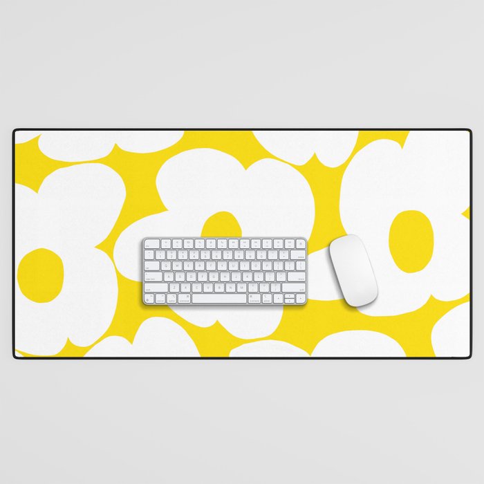 Large White Retro Flowers Sunny Yellow Background #decor #society6 #buyart Desk Mat Gallery Image 1