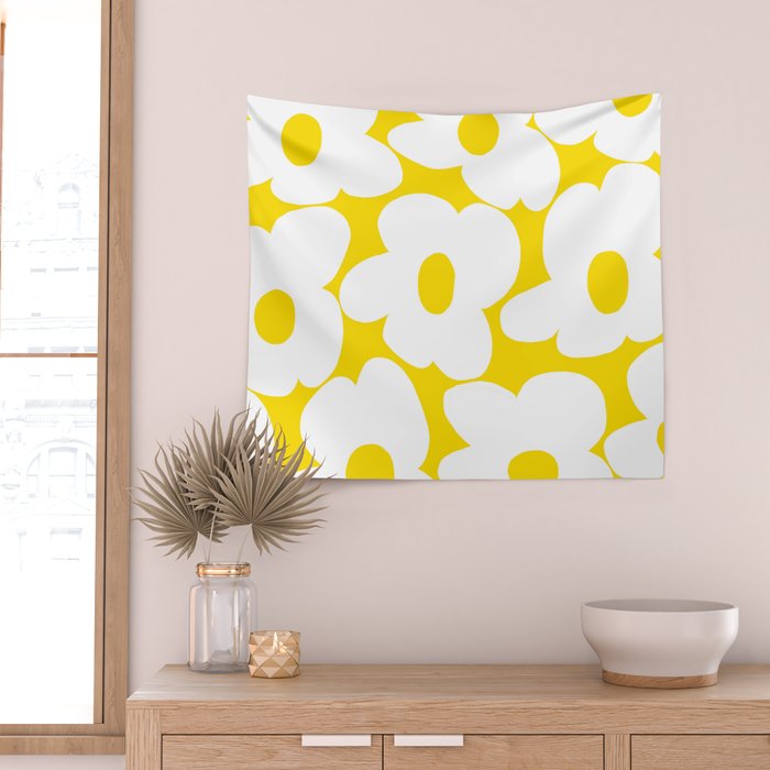Large White Retro Flowers Sunny Yellow Background #decor #society6 #buyart Wall Tapestry Gallery Image 2