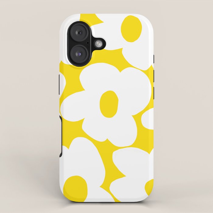 Large White Retro Flowers Sunny Yellow Background #decor #society6 #buyart iPhone Case Gallery Image 1
