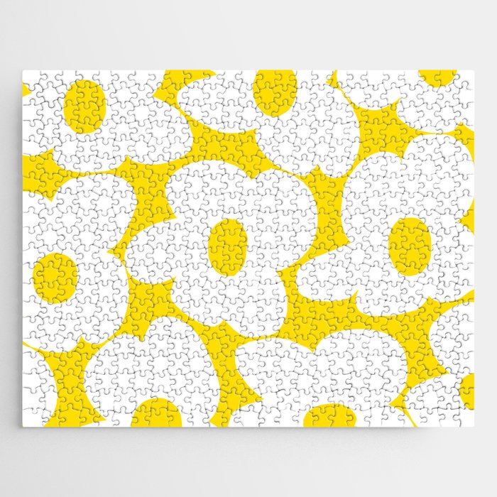 Large White Retro Flowers Sunny Yellow Background #decor #society6 #buyart Jigsaw Puzzle Gallery Image 1