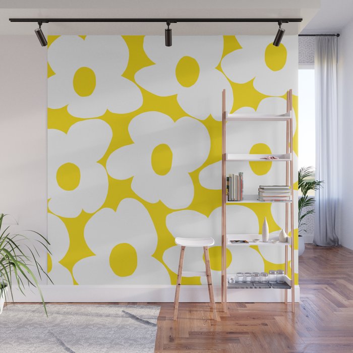 Large White Retro Flowers Sunny Yellow Background #decor #society6 #buyart Wall Mural Gallery Image 1