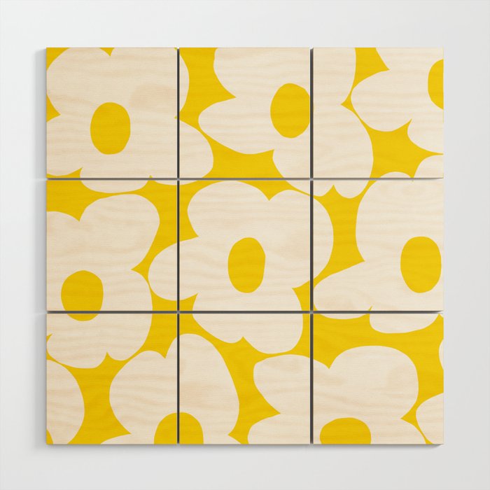 Large White Retro Flowers Sunny Yellow Background #decor #society6 #buyart Wood Wall Art Gallery Image 1