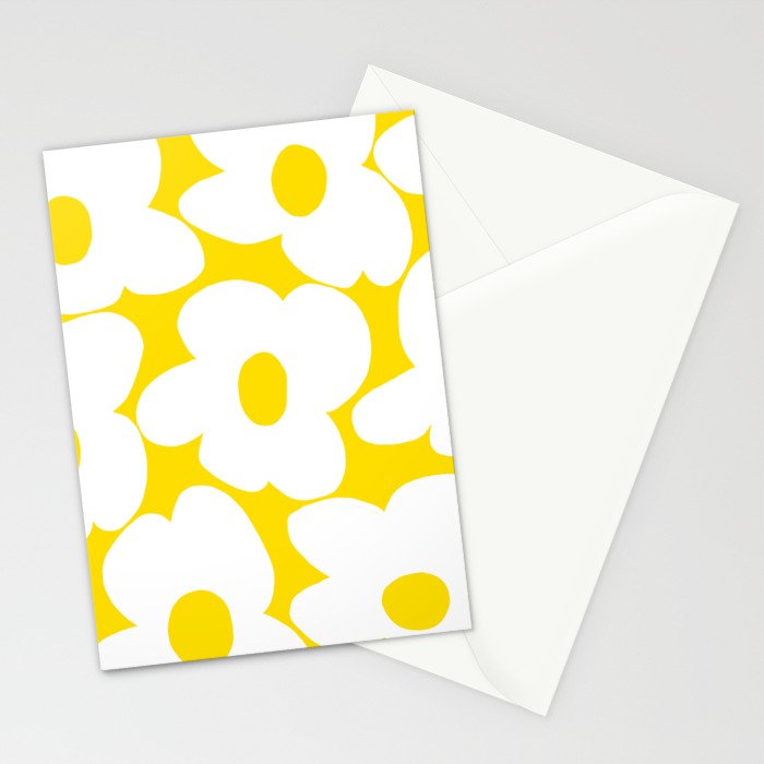 Large White Retro Flowers Sunny Yellow Background #decor #society6 #buyart Stationery Card Gallery Image 2