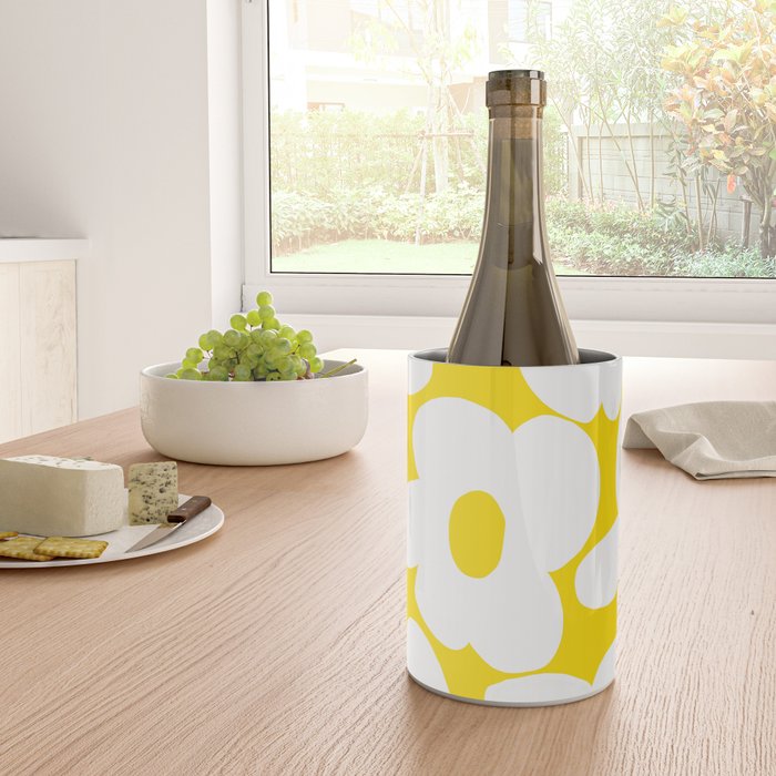 Large White Retro Flowers Sunny Yellow Background #decor #society6 #buyart Wine Chiller Gallery Image 4