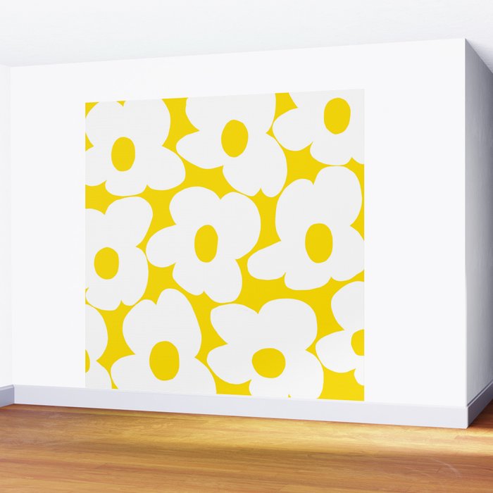 Large White Retro Flowers Sunny Yellow Background #decor #society6 #buyart Wall Mural Gallery Image 2