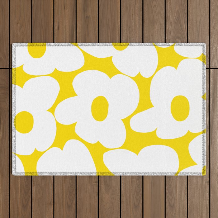 Large White Retro Flowers Sunny Yellow Background #decor #society6 #buyart Outdoor Rug Gallery Image 1