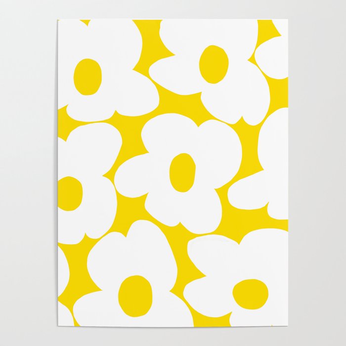 Large White Retro Flowers Sunny Yellow Background #decor #society6 #buyart Poster Gallery Image 1