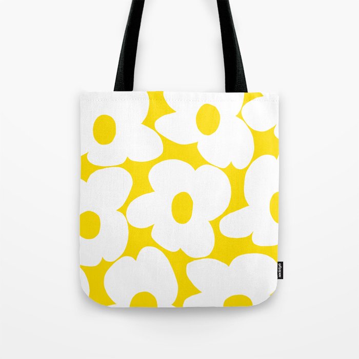Large White Retro Flowers Sunny Yellow Background #decor #society6 #buyart Tote Bag Gallery Image 1