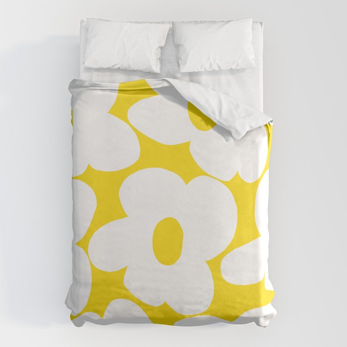Large White Retro Flowers Sunny Yellow Background #decor #society6 #buyart Duvet Cover Gallery Image 1