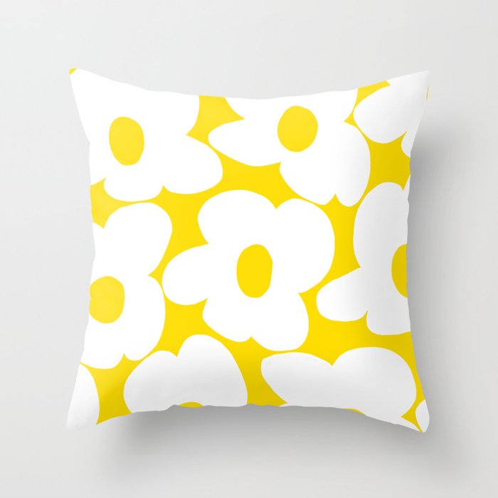 Large White Retro Flowers Sunny Yellow Background #decor #society6 #buyart Throw Pillow Gallery Image 1