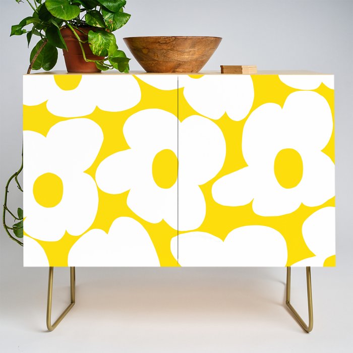 Large White Retro Flowers Sunny Yellow Background #decor #society6 #buyart Credenza Gallery Image 1