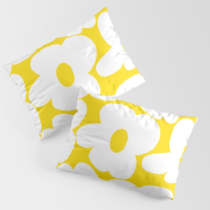 Large White Retro Flowers Sunny Yellow Background #decor #society6 #buyart Pillow Sham Gallery Image 1