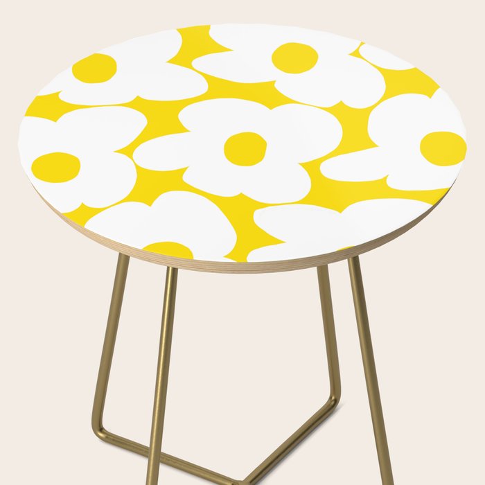 Large White Retro Flowers Sunny Yellow Background #decor #society6 #buyart Side Table Gallery Image 2