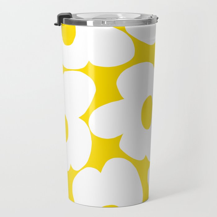 Large White Retro Flowers Sunny Yellow Background #decor #society6 #buyart Travel Mug Gallery Image 3