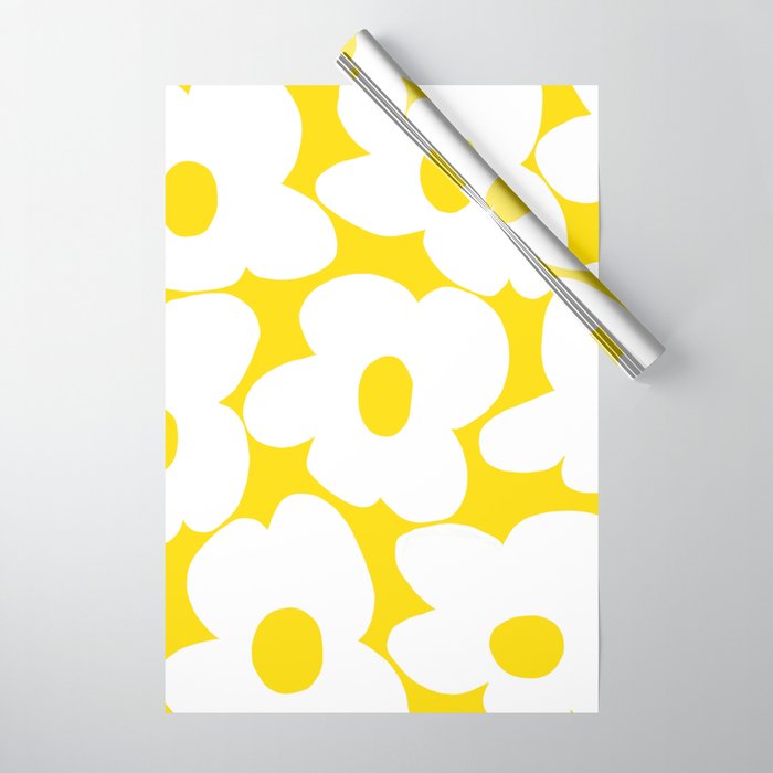 Large White Retro Flowers Sunny Yellow Background #decor #society6 #buyart Wrapping Paper Gallery Image 1
