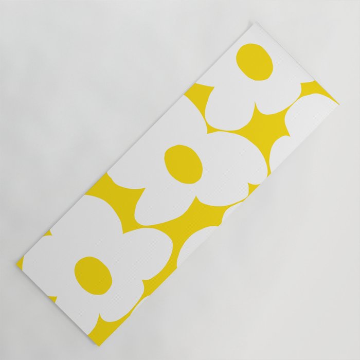 Large White Retro Flowers Sunny Yellow Background #decor #society6 #buyart Yoga Mat Gallery Image 1