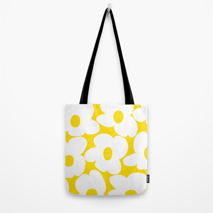 Large White Retro Flowers Sunny Yellow Background #decor #society6 #buyart Tote Bag Gallery Image 2