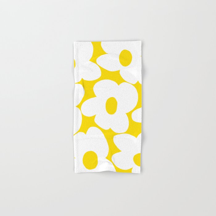 Large White Retro Flowers Sunny Yellow Background #decor #society6 #buyart Bath Towel Gallery Image 1