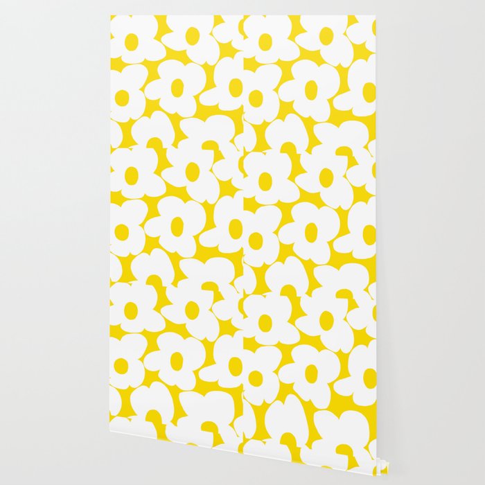 Large White Retro Flowers Sunny Yellow Background #decor #society6 #buyart Wallpaper Gallery Image 2