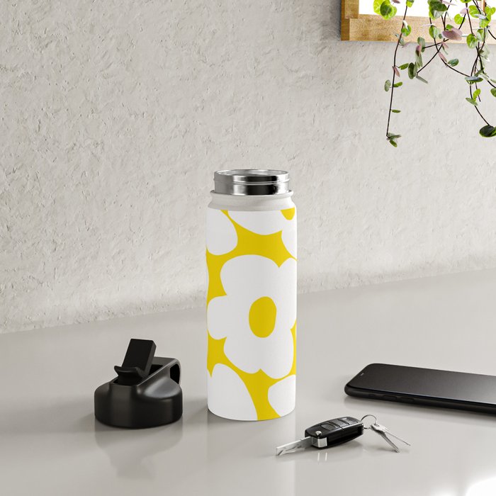 Large White Retro Flowers Sunny Yellow Background #decor #society6 #buyart Water Bottle Gallery Image 4