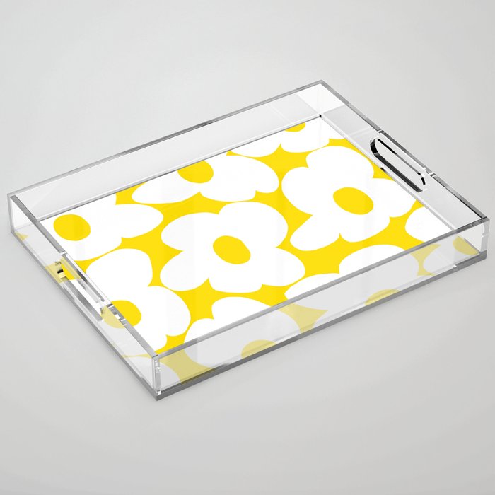 Large White Retro Flowers Sunny Yellow Background #decor #society6 #buyart Acrylic Tray Gallery Image 1